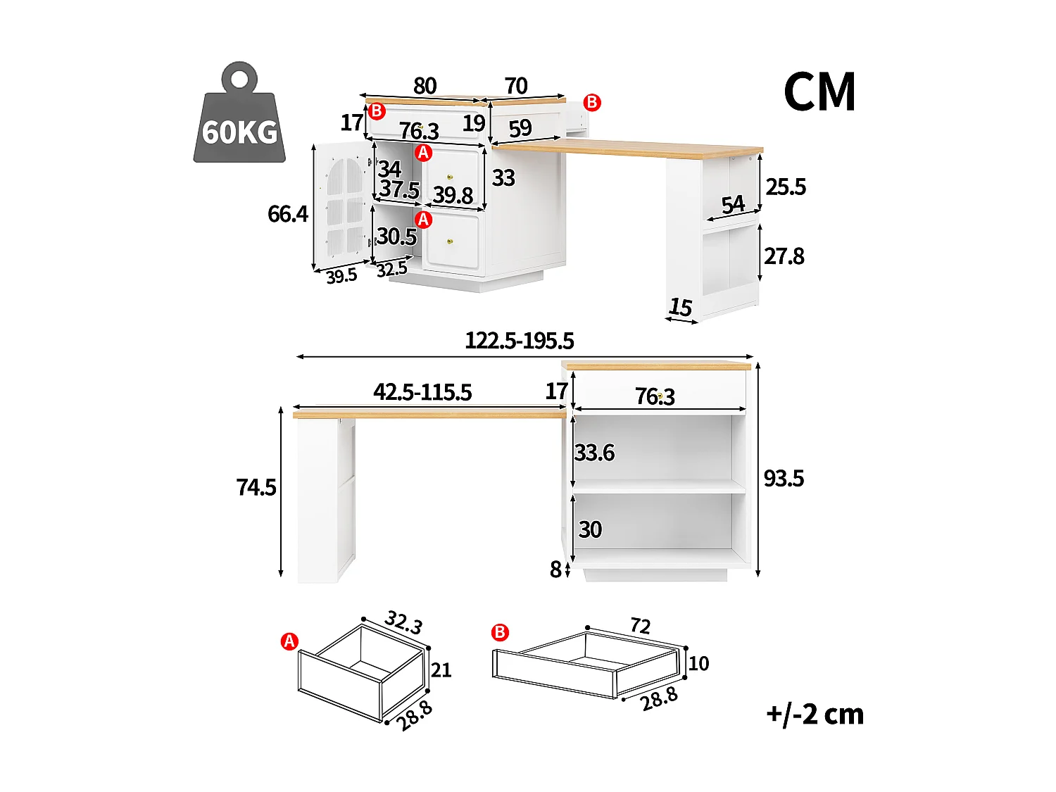Îlot central plateau extensible - 122.5/195.5 x 59 x 93.5 cm - avec tiroirs + Leds + porte - MDF - blanc