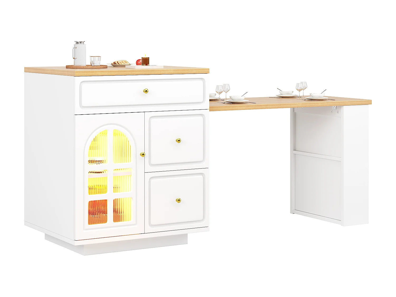Îlot central plateau extensible - 122.5/195.5 x 59 x 93.5 cm - avec tiroirs + Leds + porte - MDF - blanc