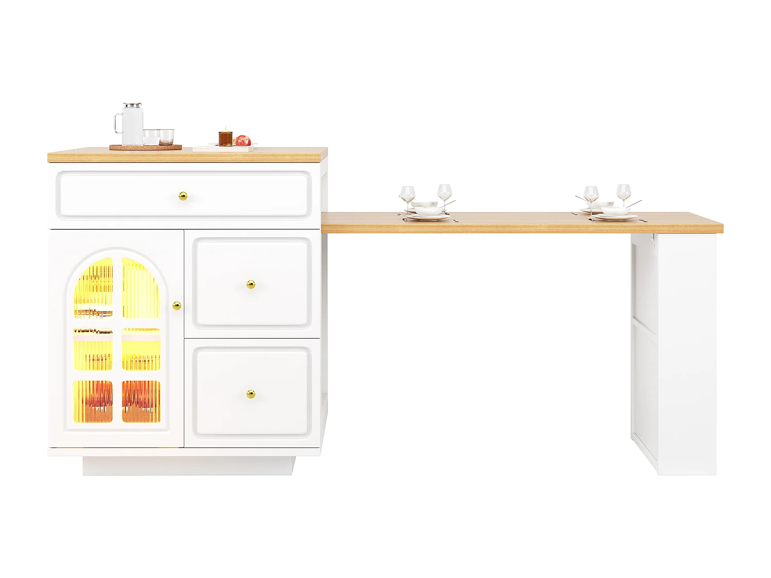 Îlot central plateau extensible - 122.5/195.5 x 59 x 93.5 cm - avec tiroirs + Leds + porte - MDF - blanc
