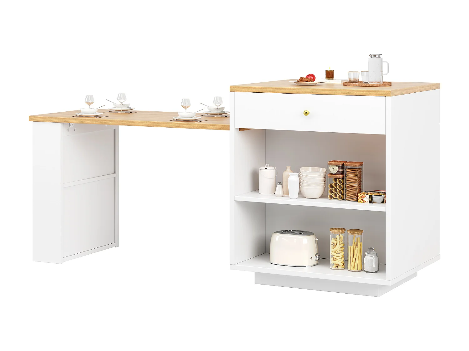 Îlot central plateau extensible - 122.5/195.5 x 59 x 93.5 cm - avec tiroirs + Leds + porte - MDF - blanc
