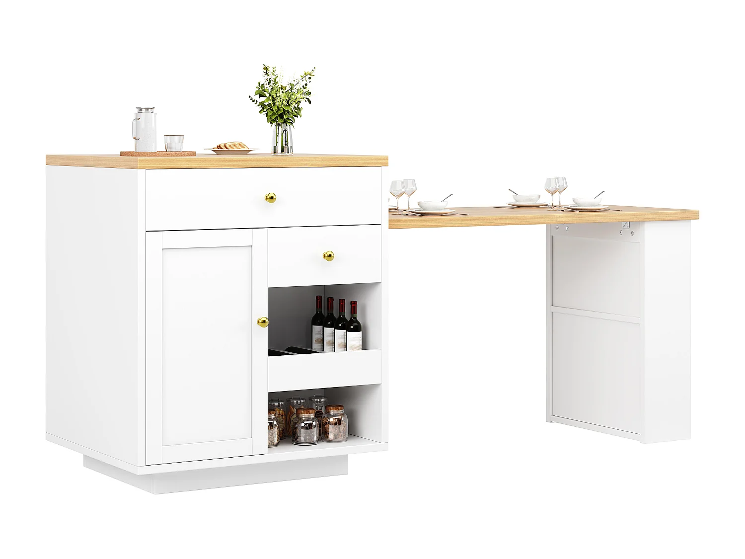 Îlot central plateau extensible - 122.5/195.5 x 70 x 93.8 cm - avec tiroirs + étagères + porte - MDF - blanc