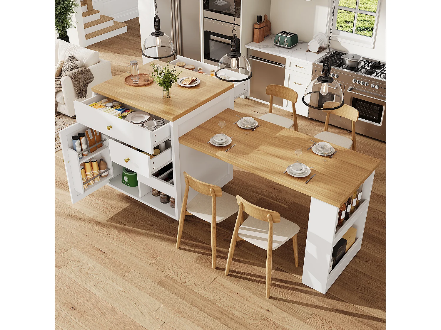 Îlot central plateau extensible - 122.5/195.5 x 70 x 93.8 cm - avec tiroirs + étagères + porte - MDF - blanc