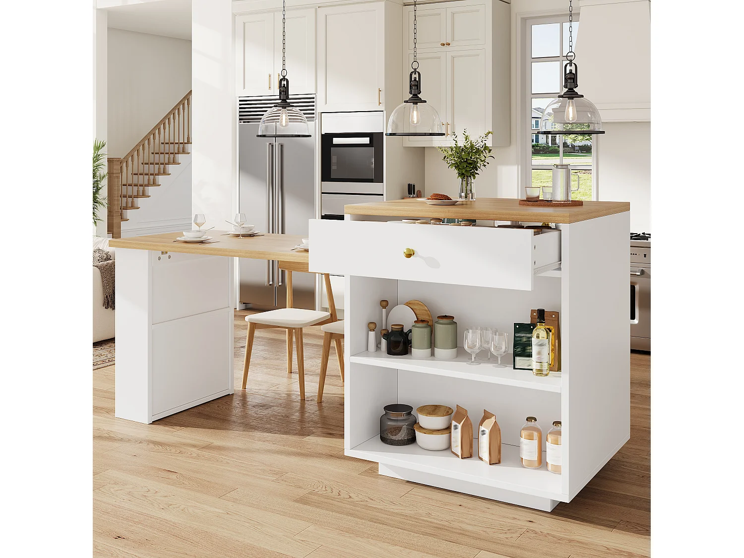 Îlot central plateau extensible - 122.5/195.5 x 70 x 93.8 cm - avec tiroirs + étagères + porte - MDF - blanc