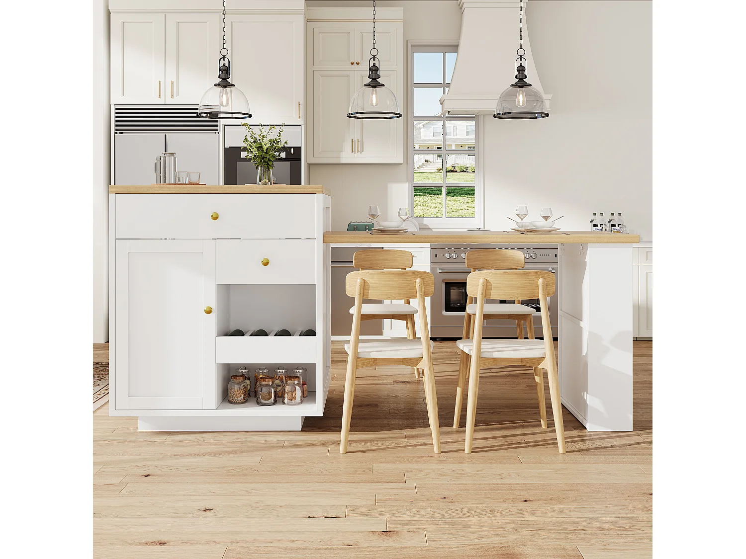 Îlot central plateau extensible - 122.5/195.5 x 70 x 93.8 cm - avec tiroirs + étagères + porte - MDF - blanc