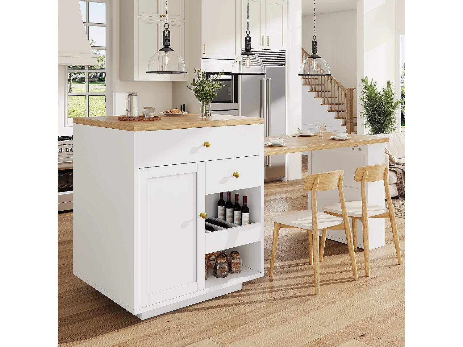 Îlot central plateau extensible - 122.5/195.5 x 70 x 93.8 cm - avec tiroirs + étagères + porte - MDF - blanc