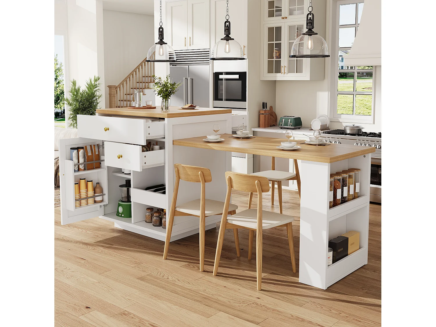 Îlot central plateau extensible - 122.5/195.5 x 70 x 93.8 cm - avec tiroirs + étagères + porte - MDF - blanc