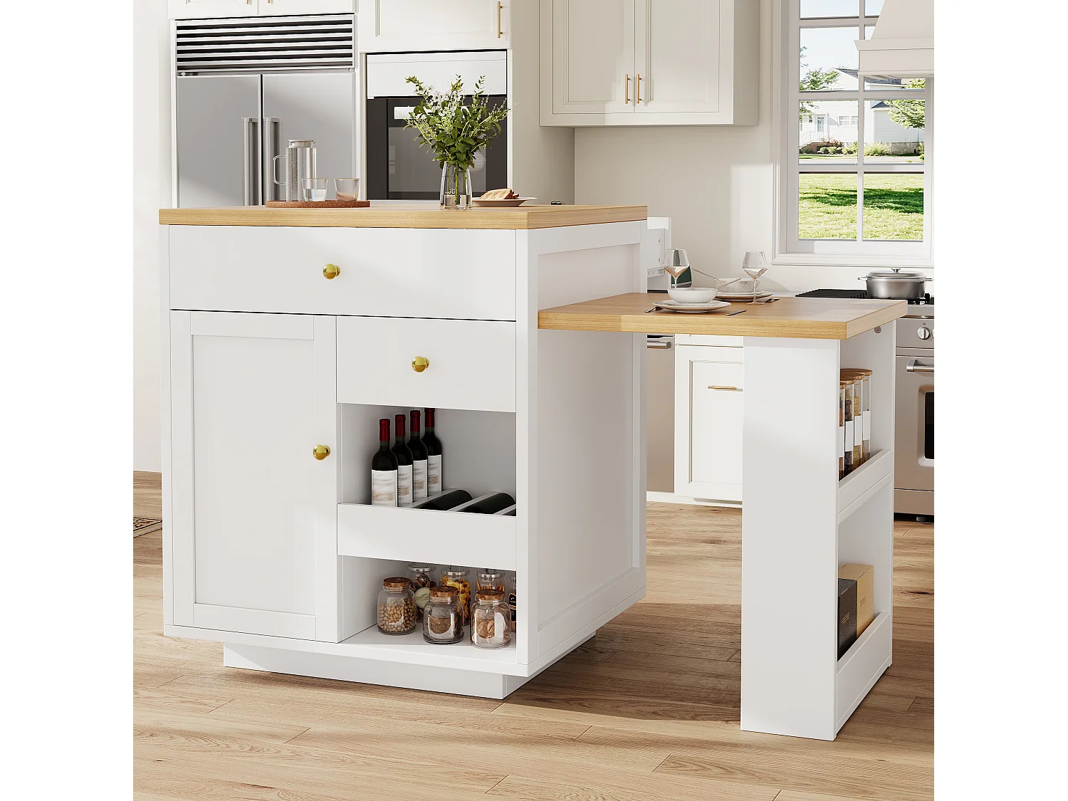 Îlot central plateau extensible - 122.5/195.5 x 70 x 93.8 cm - avec tiroirs + étagères + porte - MDF - blanc