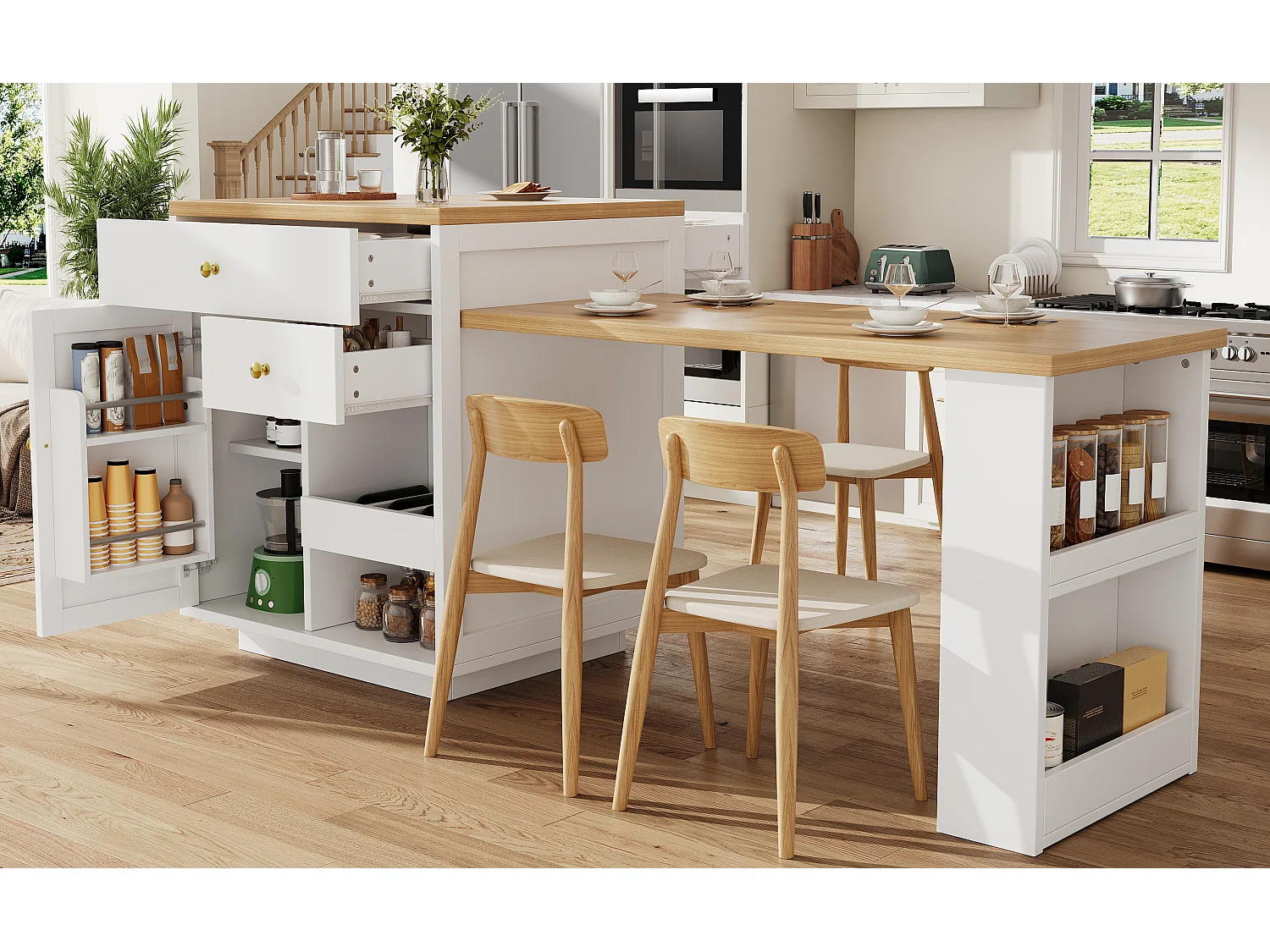 Îlot central plateau extensible - 122.5/195.5 x 70 x 93.8 cm - avec tiroirs + étagères + porte - MDF - blanc