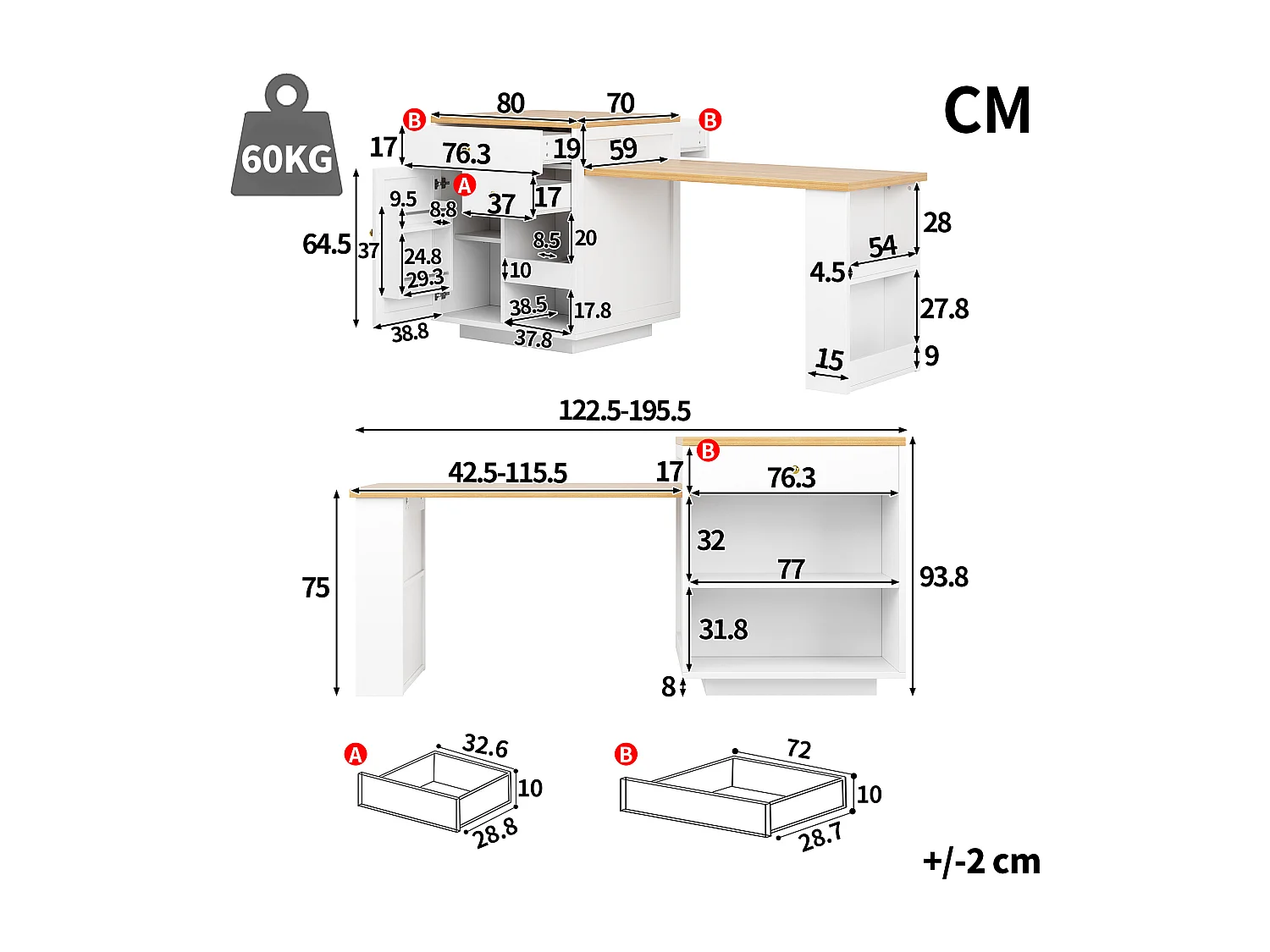 Îlot central plateau extensible - 122.5/195.5 x 70 x 93.8 cm - avec tiroirs + étagères + porte - MDF - blanc