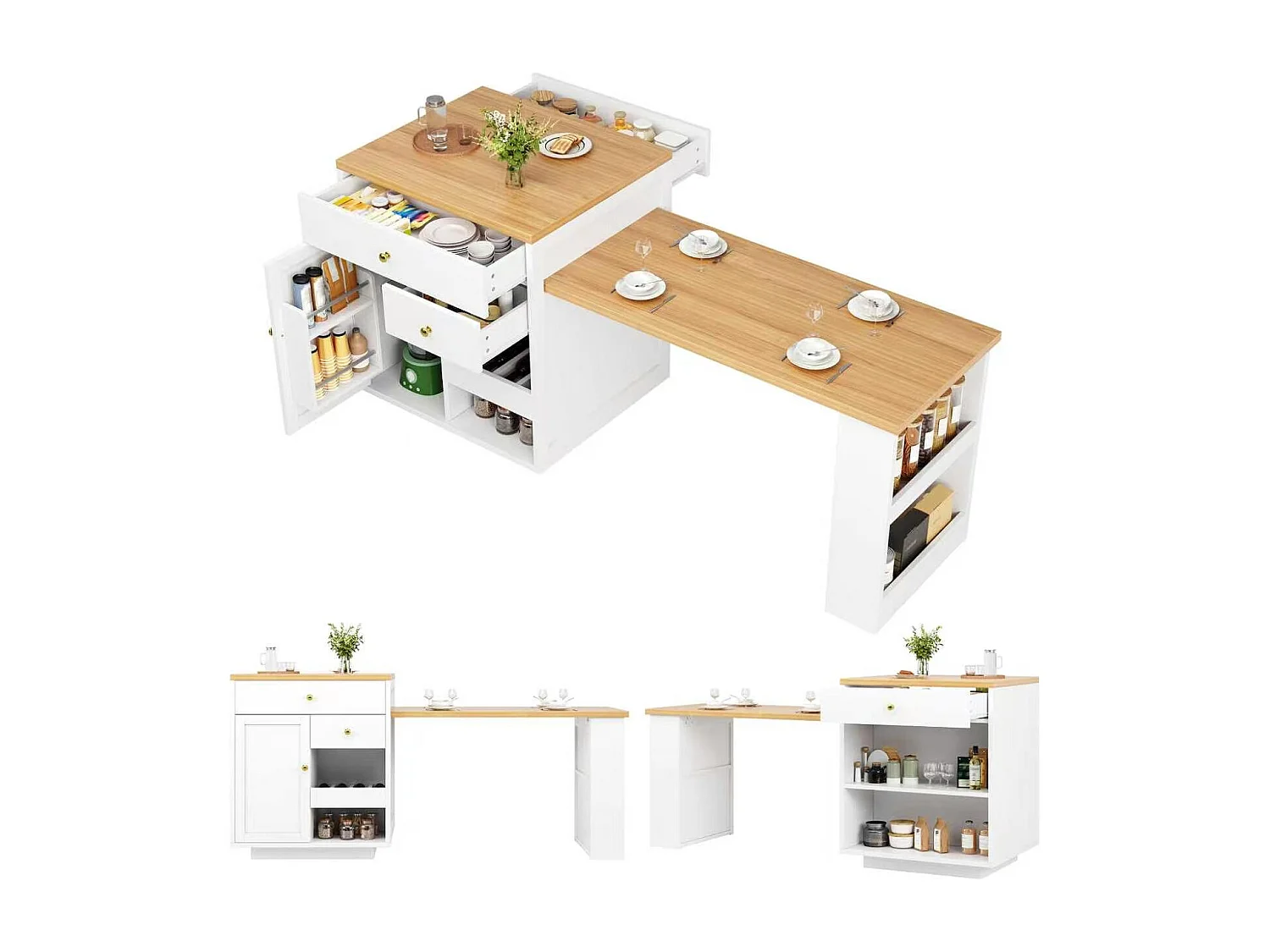 Îlot central plateau extensible - 122.5/195.5 x 70 x 93.8 cm - avec tiroirs + étagères + porte - MDF - blanc