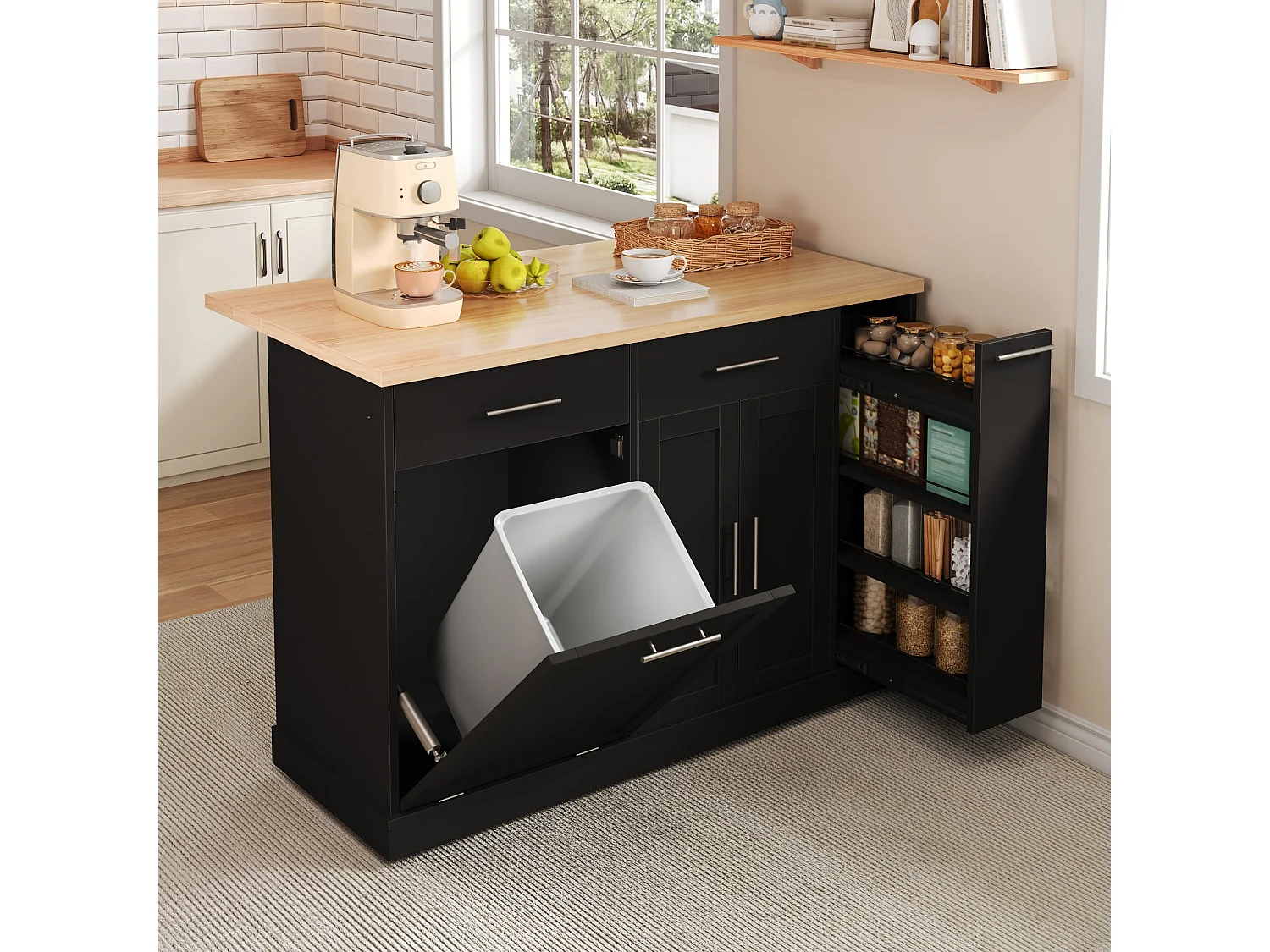 Îlot de cuisine à roulettes - 120 x 45/70 x 93.5 cm - avec plateau rabattable + meuble pour poubelle + 2 tiroirs - MDF - noir