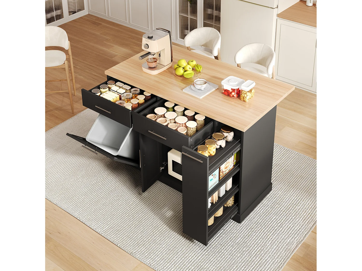 Îlot de cuisine à roulettes - 120 x 45/70 x 93.5 cm - avec plateau rabattable + meuble pour poubelle + 2 tiroirs - MDF - noir