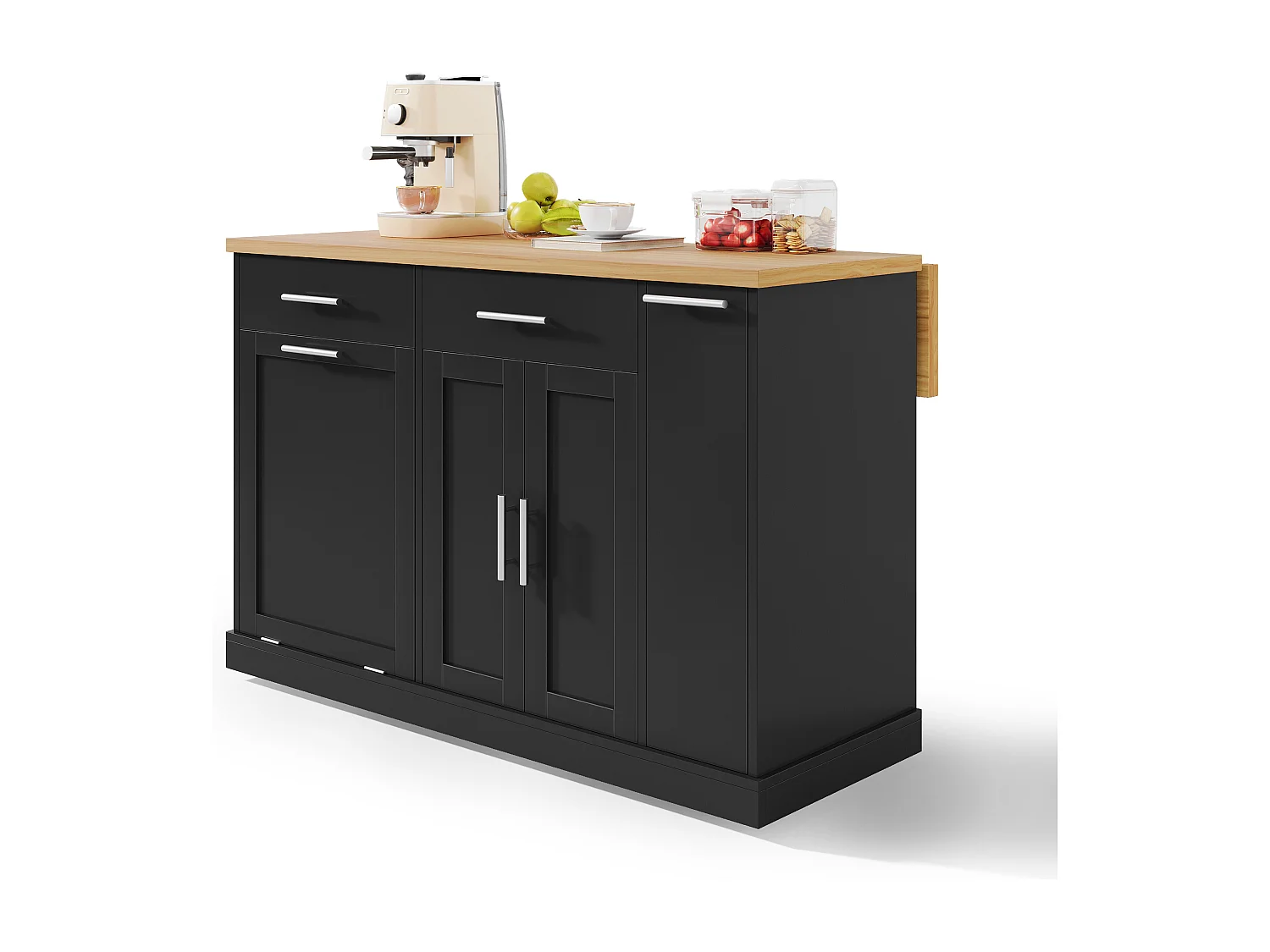 Îlot de cuisine à roulettes - 120 x 45/70 x 93.5 cm - avec plateau rabattable + meuble pour poubelle + 2 tiroirs - MDF - noir