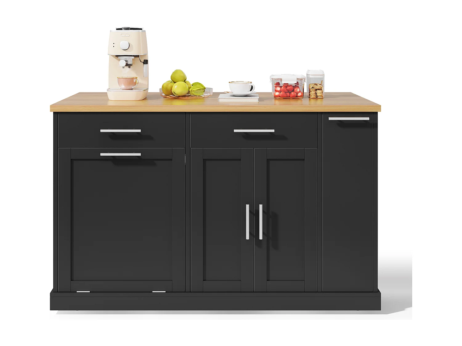 Îlot de cuisine à roulettes - 120 x 45/70 x 93.5 cm - avec plateau rabattable + meuble pour poubelle + 2 tiroirs - MDF - noir