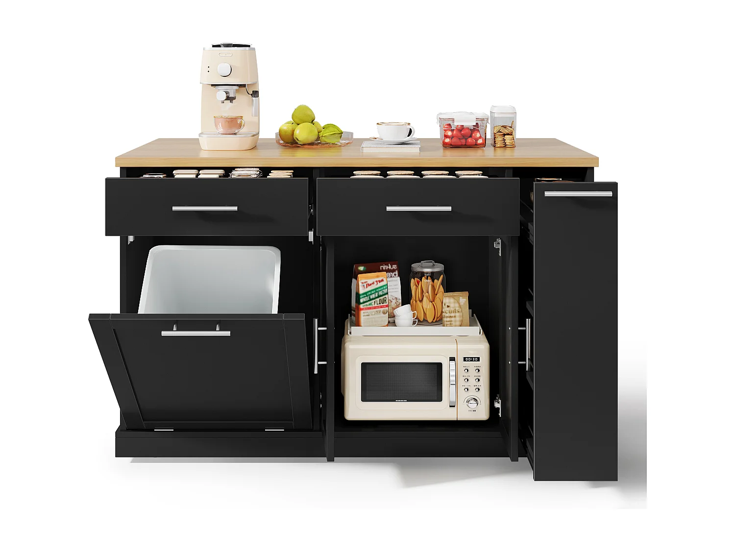 Îlot de cuisine à roulettes - 120 x 45/70 x 93.5 cm - avec plateau rabattable + meuble pour poubelle + 2 tiroirs - MDF - noir