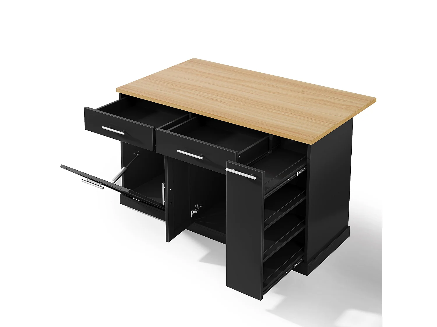 Îlot de cuisine à roulettes - 120 x 45/70 x 93.5 cm - avec plateau rabattable + meuble pour poubelle + 2 tiroirs - MDF - noir