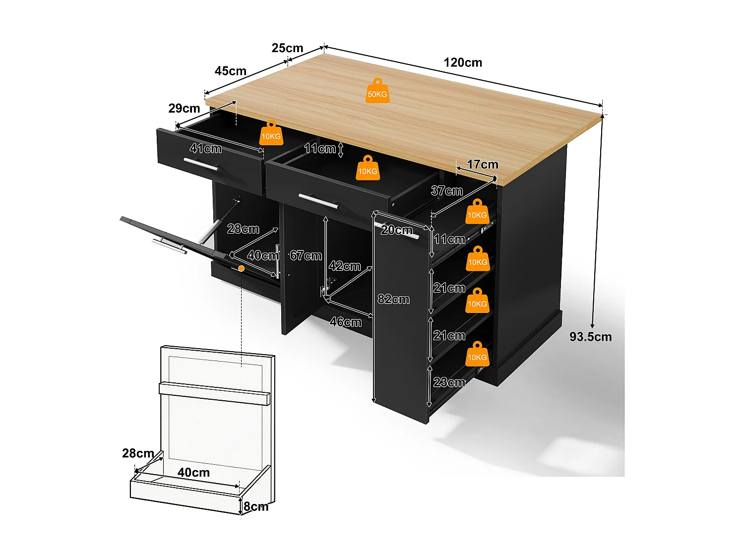 Îlot de cuisine à roulettes - 120 x 45/70 x 93.5 cm - avec plateau rabattable + meuble pour poubelle + 2 tiroirs - MDF - noir