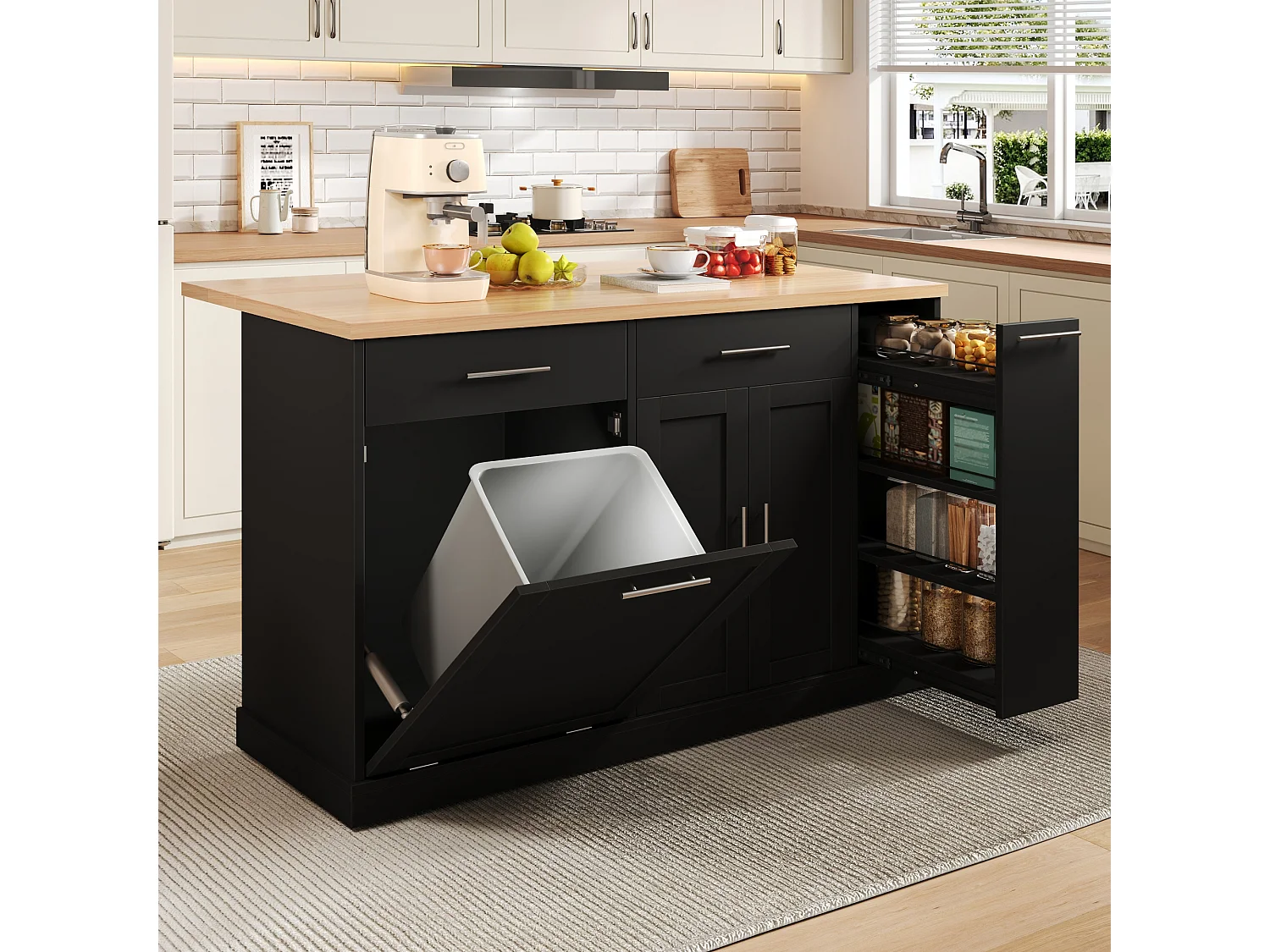 Îlot de cuisine à roulettes - 120 x 45/70 x 93.5 cm - avec plateau rabattable + meuble pour poubelle + 2 tiroirs - MDF - noir