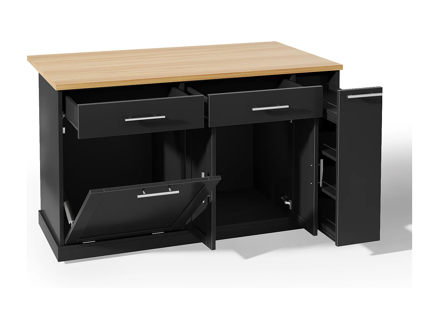 Îlot de cuisine à roulettes - 120 x 45/70 x 93.5 cm - avec plateau rabattable + meuble pour poubelle + 2 tiroirs - MDF - noir