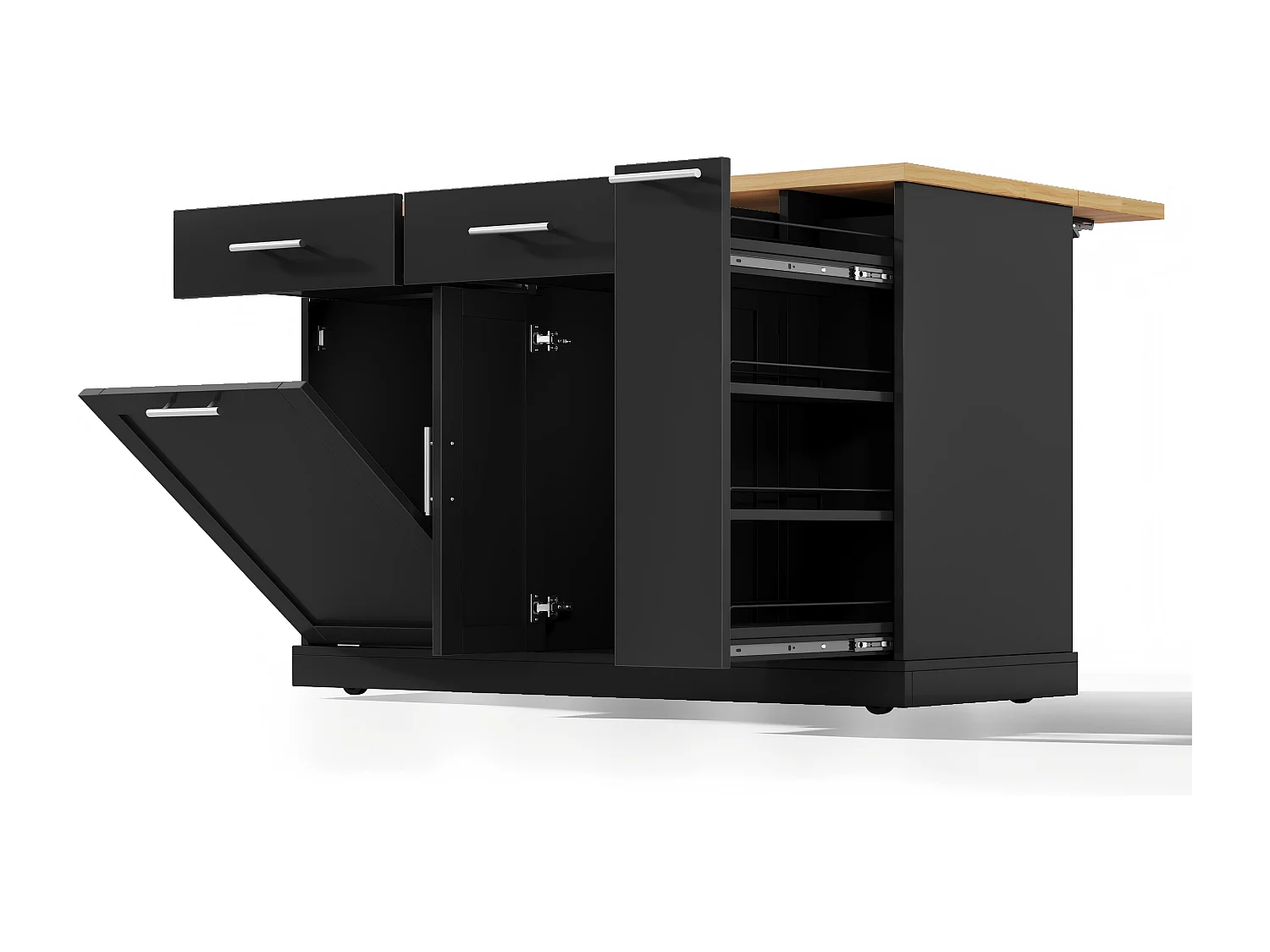 Îlot de cuisine à roulettes - 120 x 45/70 x 93.5 cm - avec plateau rabattable + meuble pour poubelle + 2 tiroirs - MDF - noir