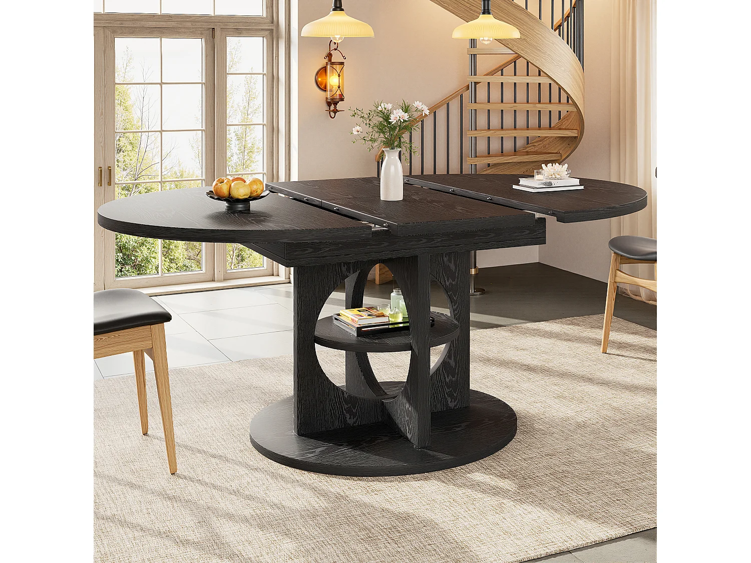 Table à manger extensible - 110/150 x 110 x 76 cm - pour 4 à 6 personnes - avec rangement - MDF - noir