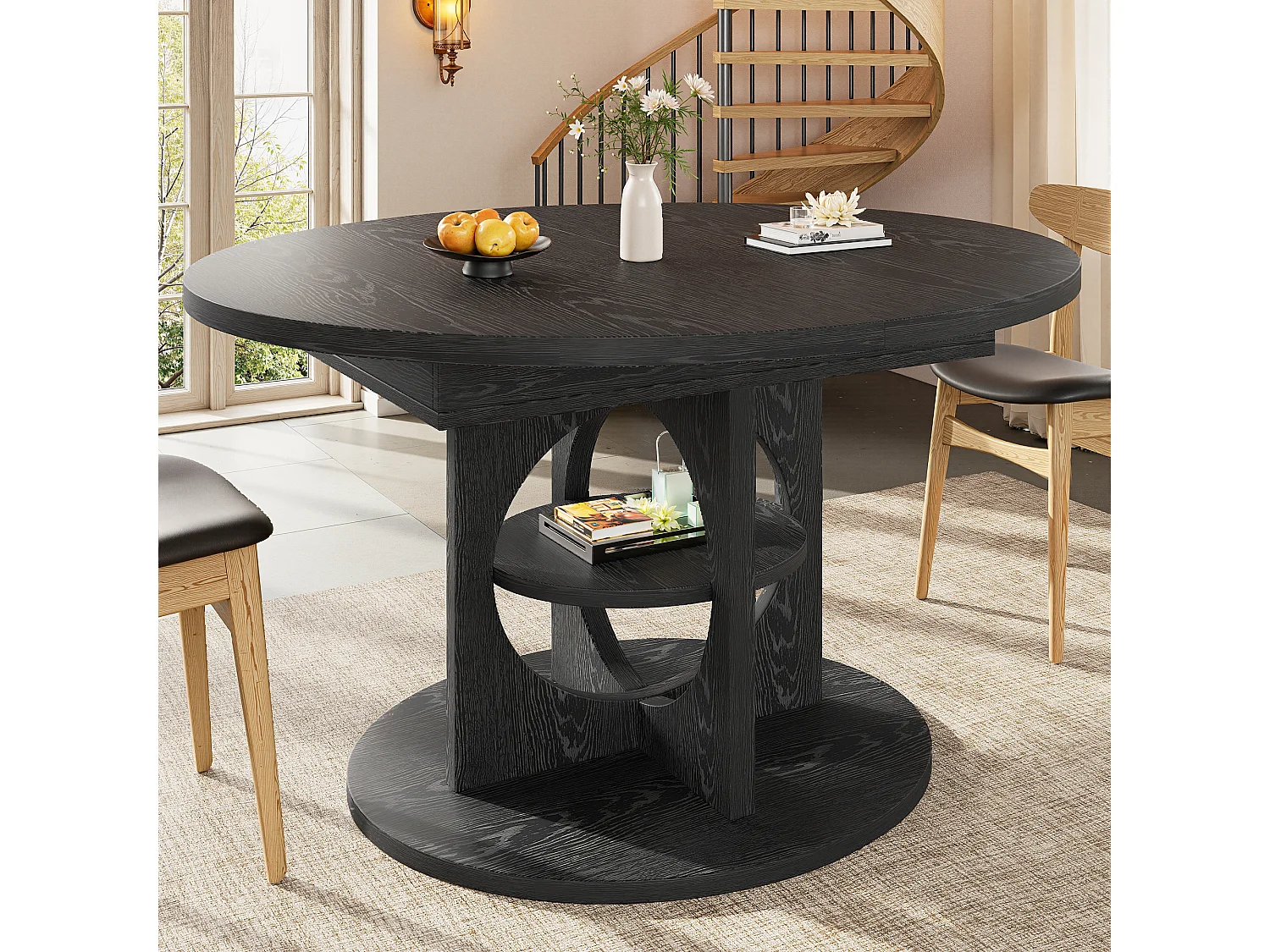 Table à manger extensible - 110/150 x 110 x 76 cm - pour 4 à 6 personnes - avec rangement - MDF - noir