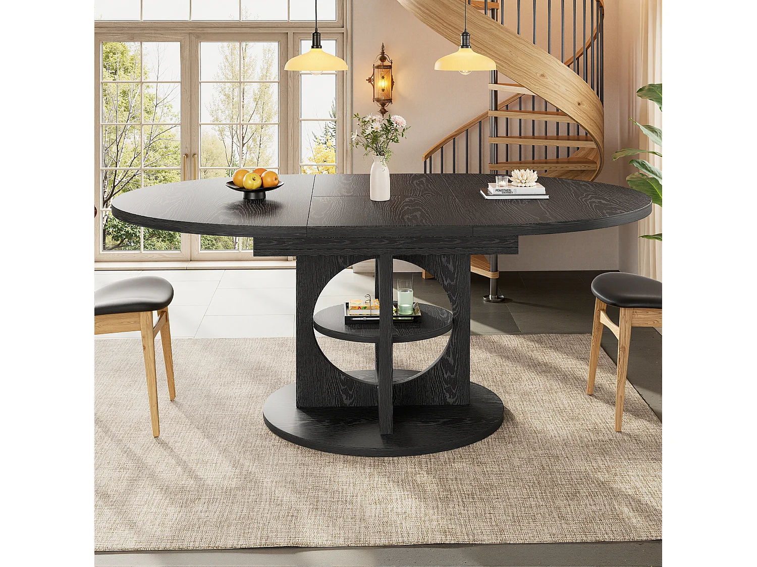 Table à manger extensible - 110/150 x 110 x 76 cm - pour 4 à 6 personnes - avec rangement - MDF - noir