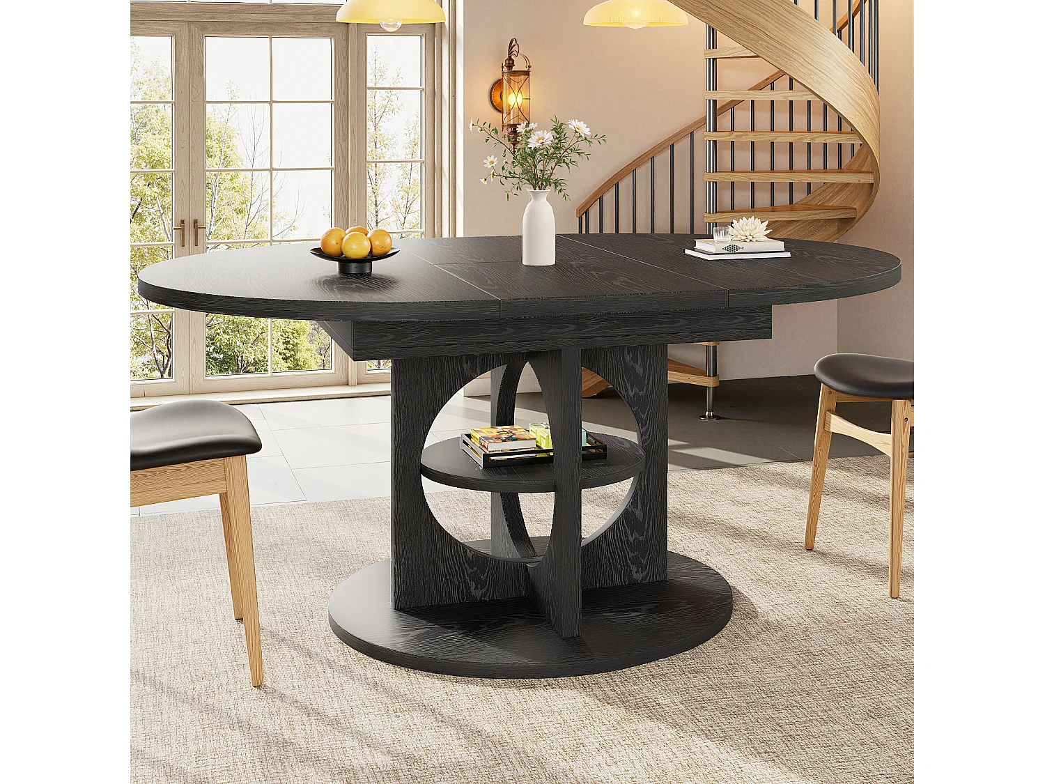 Table à manger extensible - 110/150 x 110 x 76 cm - pour 4 à 6 personnes - avec rangement - MDF - noir