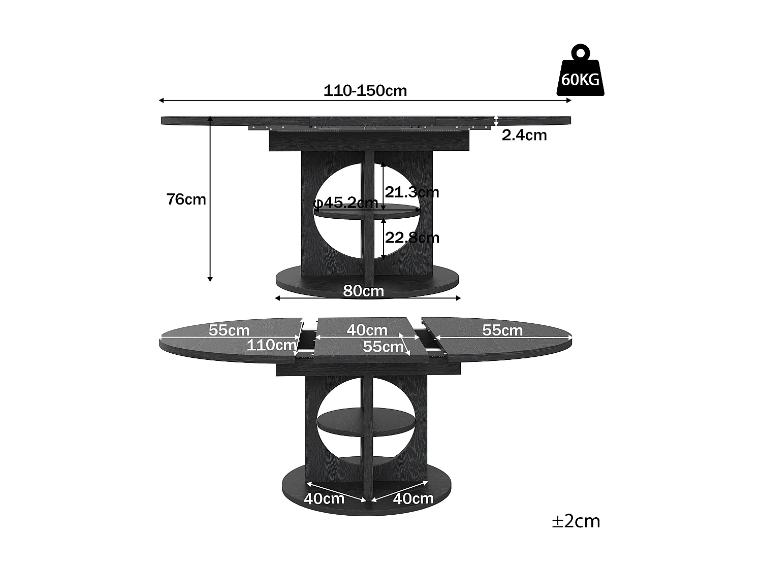 Table à manger extensible - 110/150 x 110 x 76 cm - pour 4 à 6 personnes - avec rangement - MDF - noir