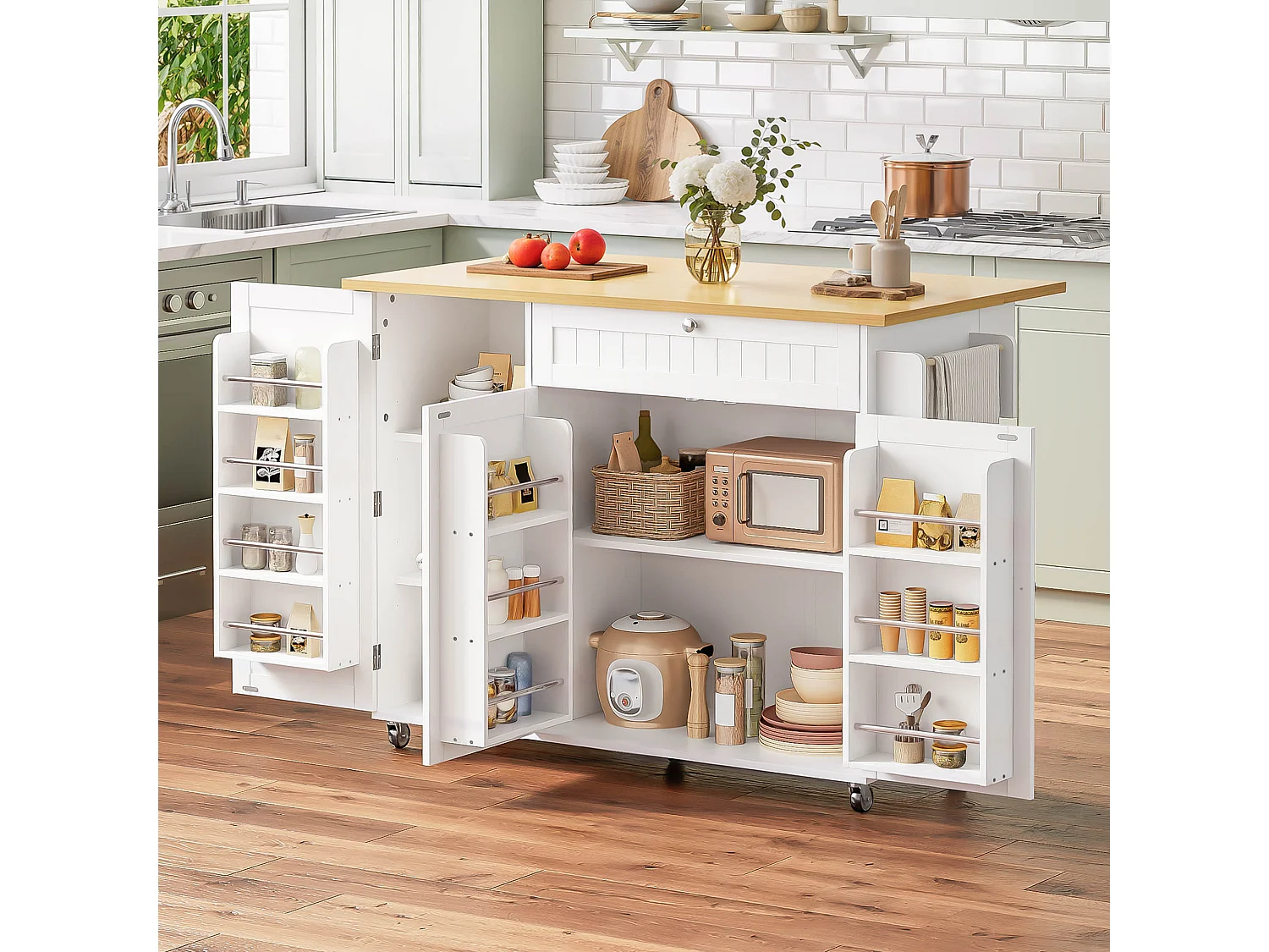 Îlot de cuisine mobile - 120 x 45 (70) x 92 cm - avec plateau rabattable + tiroir + 3 portes - MDF - blanc + naturel