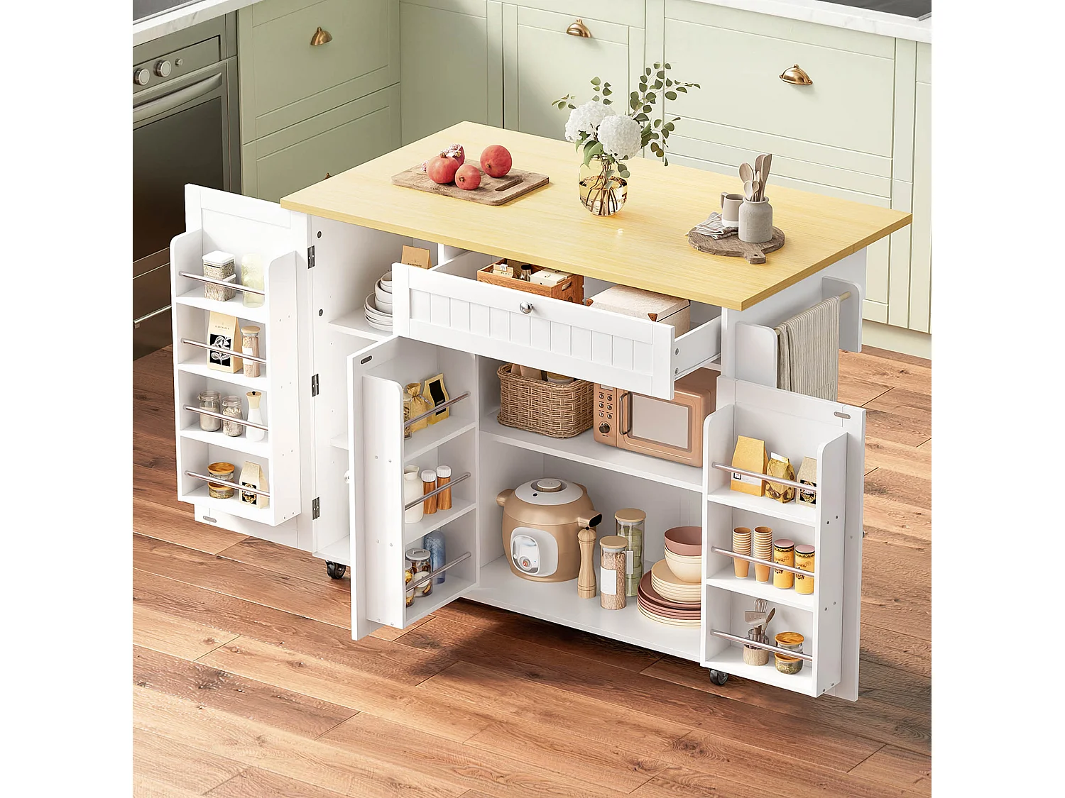 Îlot de cuisine mobile - 120 x 45 (70) x 92 cm - avec plateau rabattable + tiroir + 3 portes - MDF - blanc + naturel