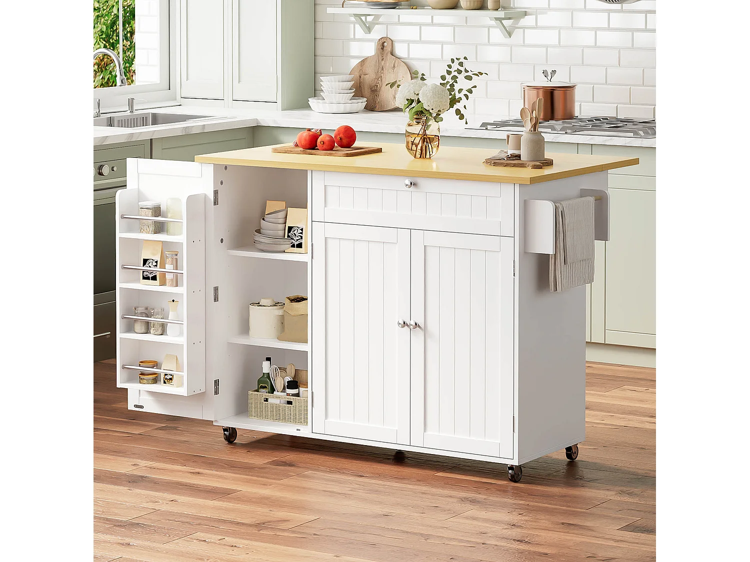 Îlot de cuisine mobile - 120 x 45 (70) x 92 cm - avec plateau rabattable + tiroir + 3 portes - MDF - blanc + naturel