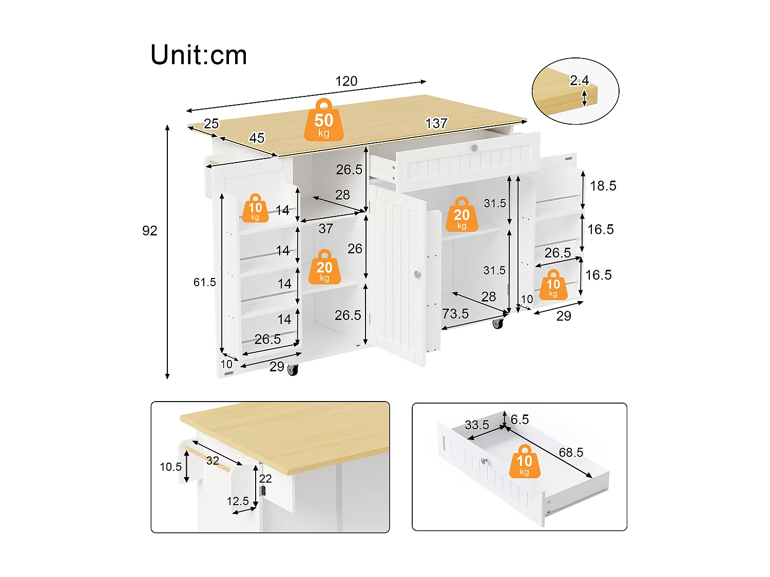Îlot de cuisine mobile - 120 x 45 (70) x 92 cm - avec plateau rabattable + tiroir + 3 portes - MDF - blanc + naturel