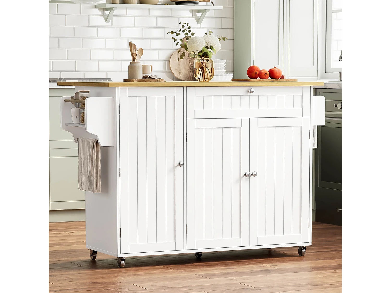 Îlot de cuisine mobile - 120 x 45 (70) x 92 cm - avec plateau rabattable + tiroir + 3 portes - MDF - blanc + naturel
