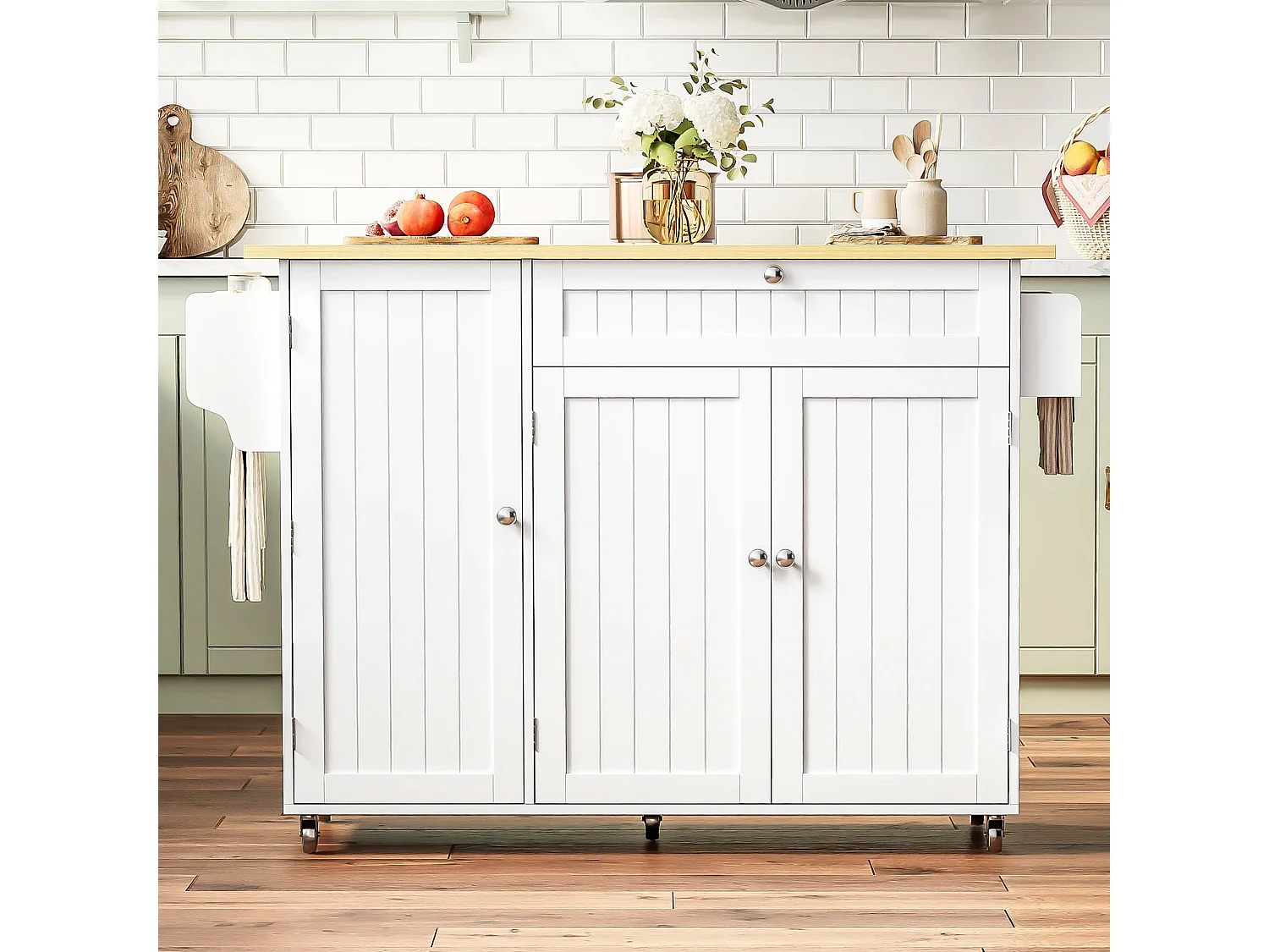 Îlot de cuisine mobile - 120 x 45 (70) x 92 cm - avec plateau rabattable + tiroir + 3 portes - MDF - blanc + naturel