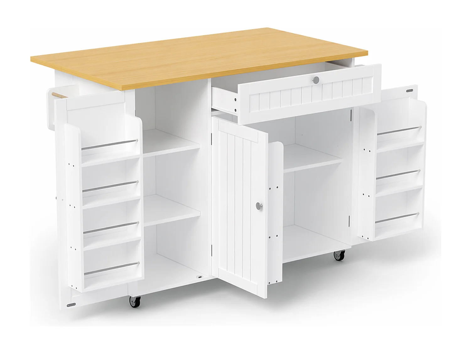 Îlot de cuisine mobile - 120 x 45 (70) x 92 cm - avec plateau rabattable + tiroir + 3 portes - MDF - blanc + naturel