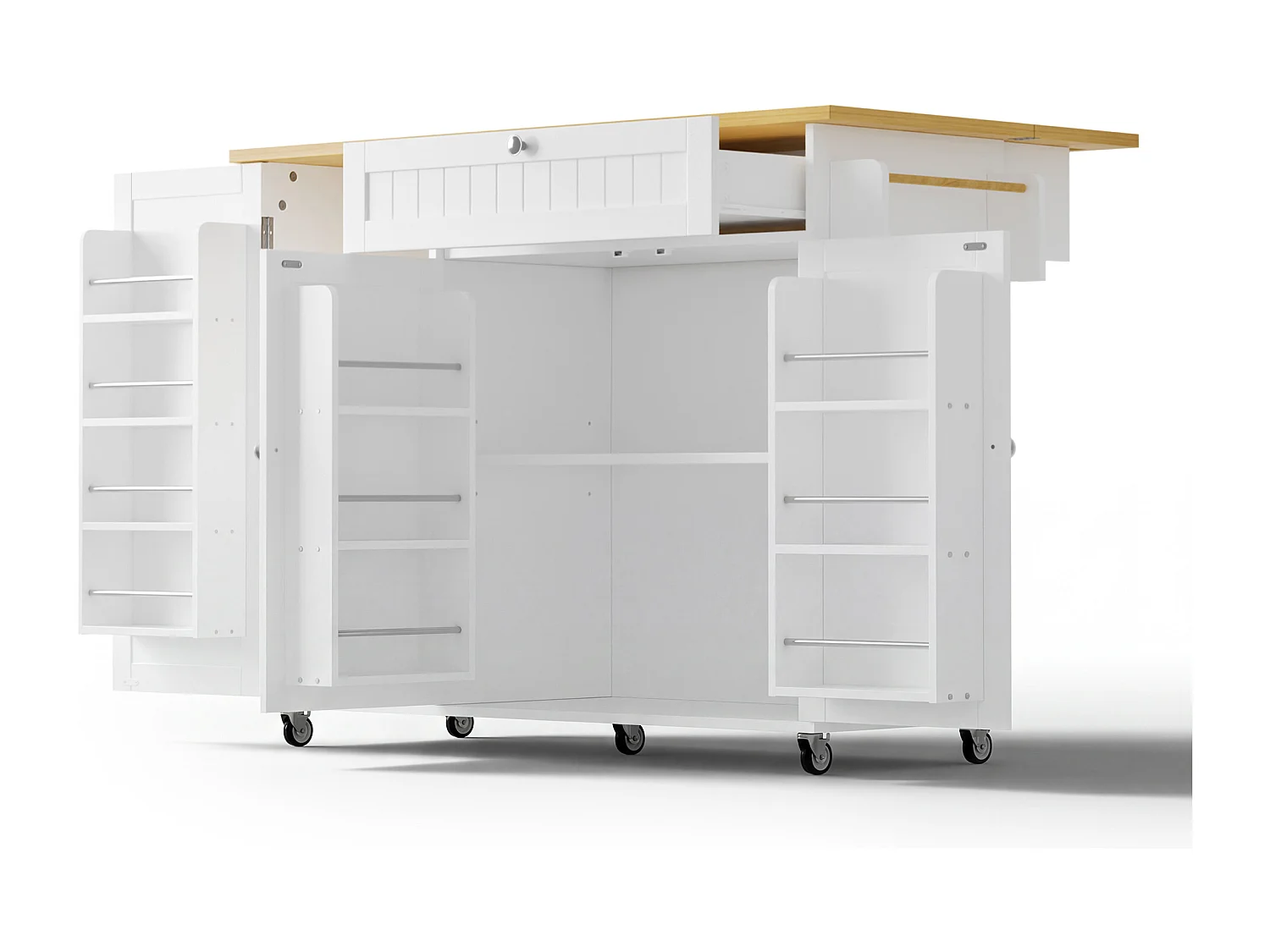 Îlot de cuisine mobile - 120 x 45 (70) x 92 cm - avec plateau rabattable + tiroir + 3 portes - MDF - blanc + naturel