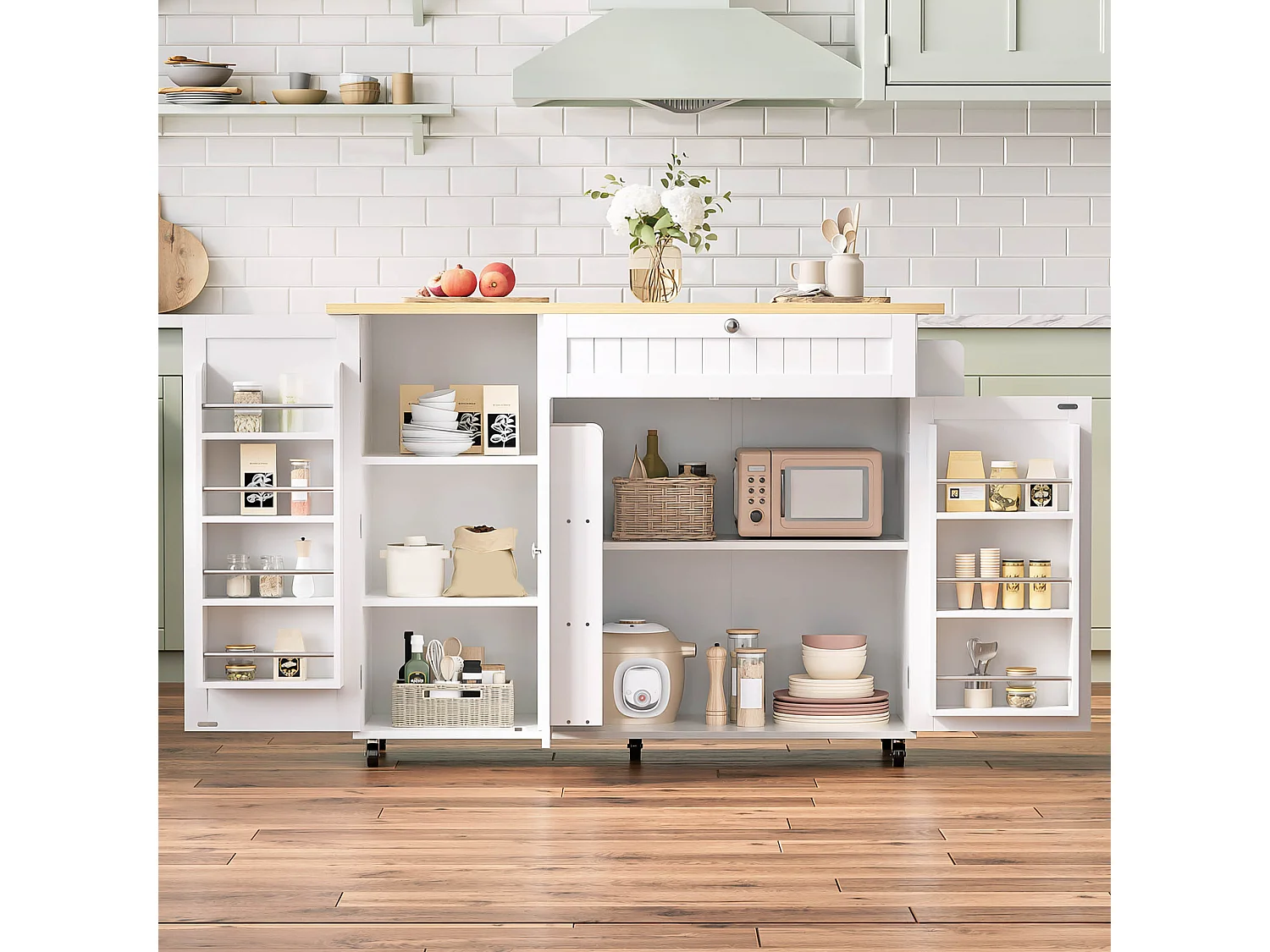 Îlot de cuisine mobile - 120 x 45 (70) x 92 cm - avec plateau rabattable + tiroir + 3 portes - MDF - blanc + naturel