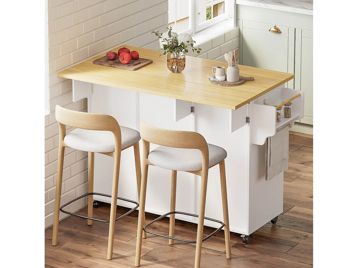 Îlot de cuisine mobile - 120 x 45 (70) x 92 cm - avec plateau rabattable + tiroir + 3 portes - MDF - blanc + naturel