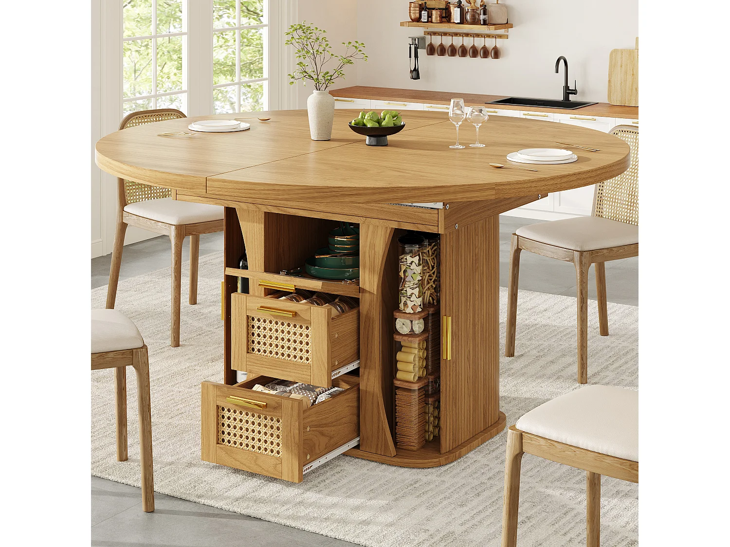 Table à manger extensible - 118/158 x 118 x 77.1 cm - avec portes + tiroirs en rotin - MDF - naturel