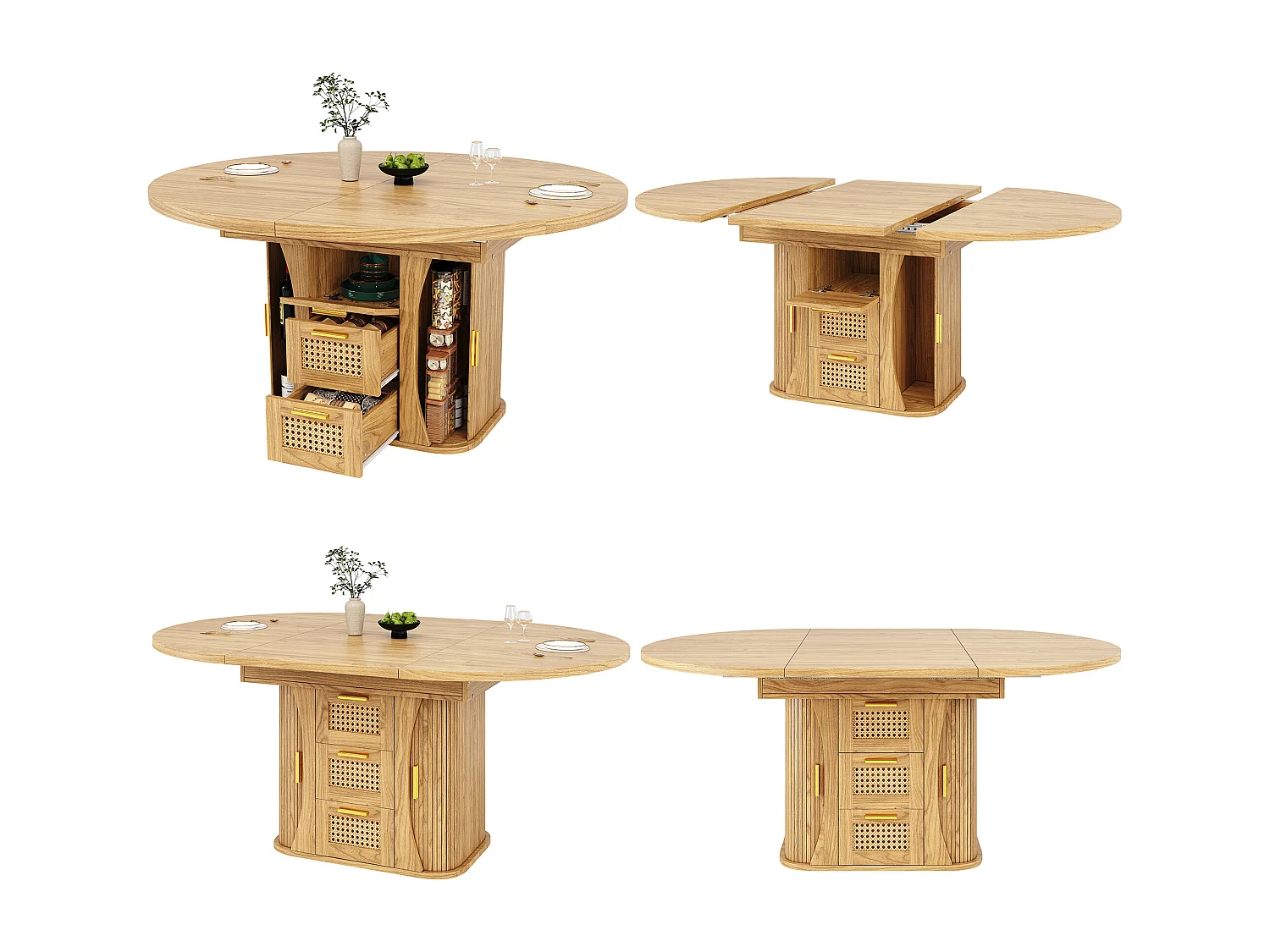 Table à manger extensible - 118/158 x 118 x 77.1 cm - avec portes + tiroirs en rotin - MDF - naturel