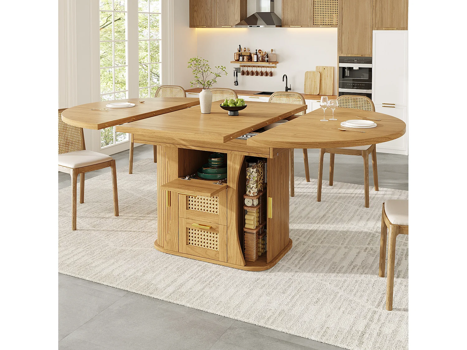 Table à manger extensible - 118/158 x 118 x 77.1 cm - avec portes + tiroirs en rotin - MDF - naturel