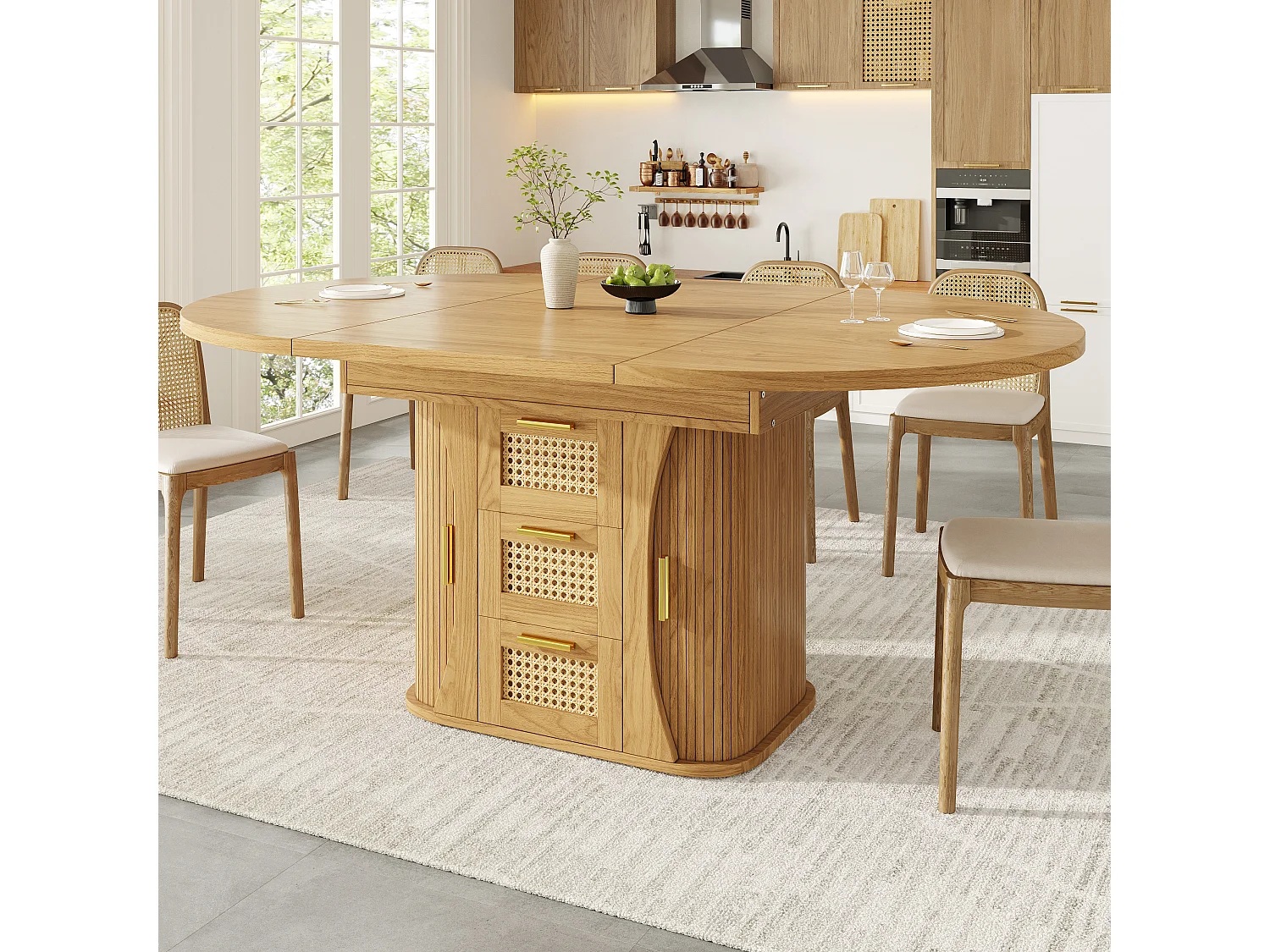 Table à manger extensible - 118/158 x 118 x 77.1 cm - avec portes + tiroirs en rotin - MDF - naturel