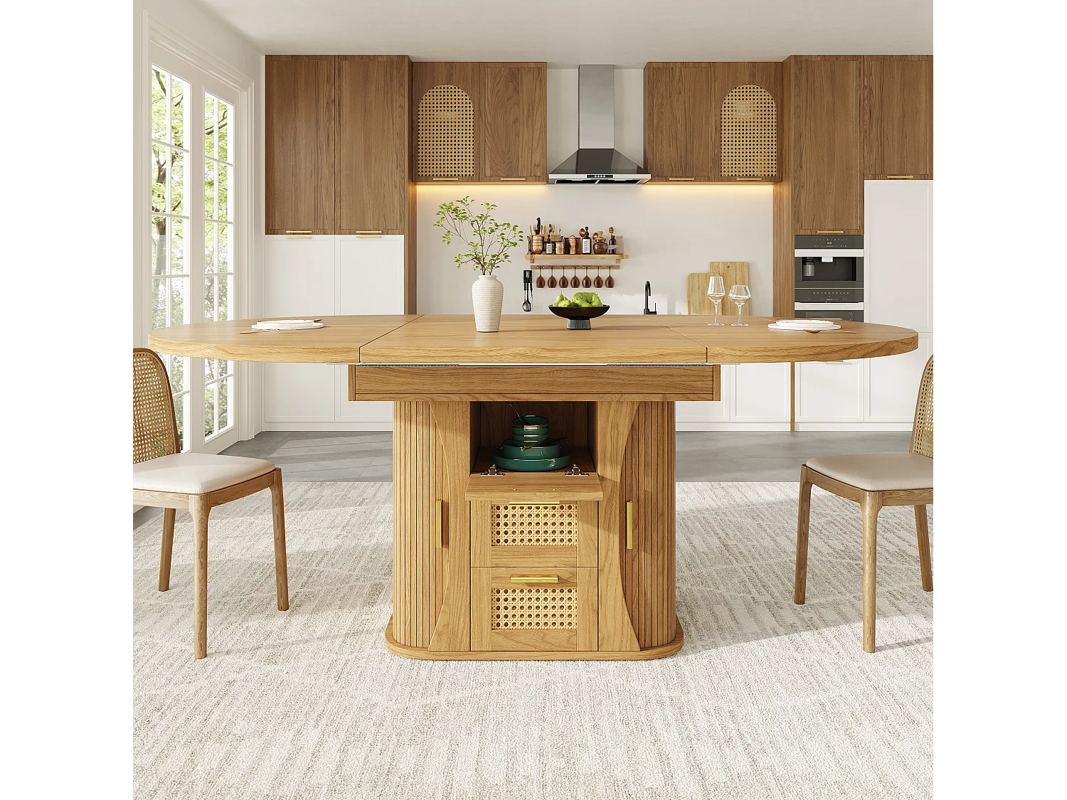 Table à manger extensible - 118/158 x 118 x 77.1 cm - avec portes + tiroirs en rotin - MDF - naturel