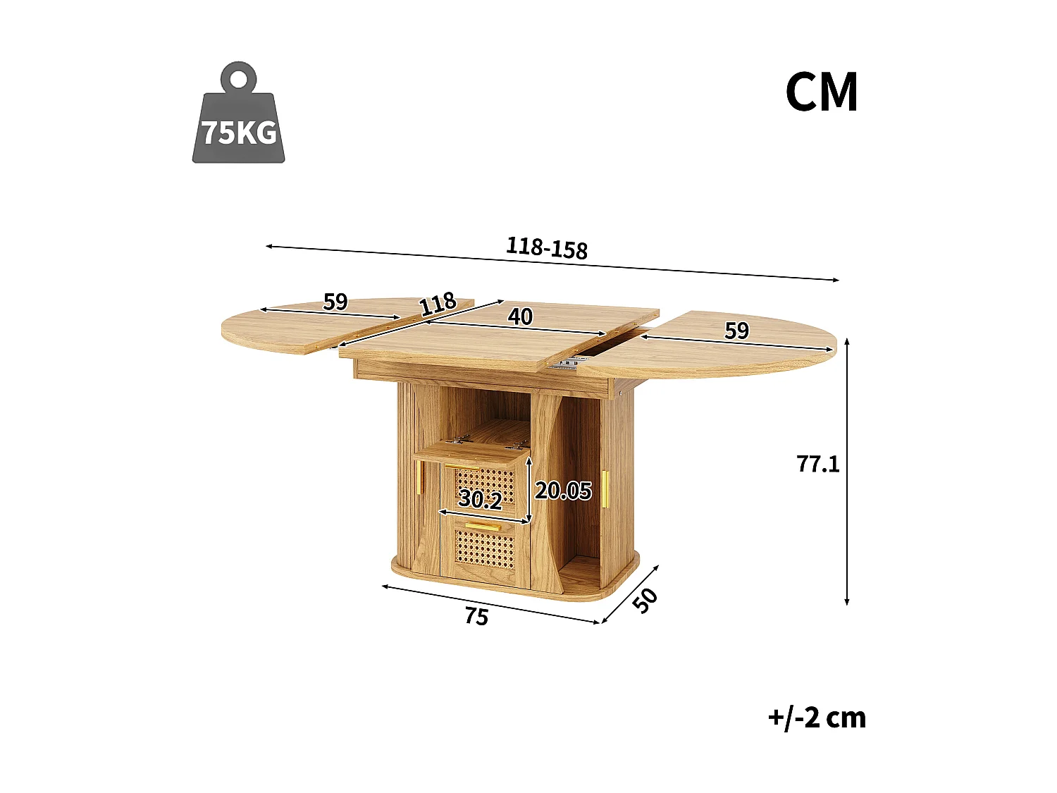 Table à manger extensible - 118/158 x 118 x 77.1 cm - avec portes + tiroirs en rotin - MDF - naturel