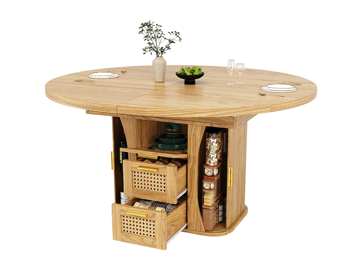 Table à manger extensible - 118/158 x 118 x 77.1 cm - avec portes + tiroirs en rotin - MDF - naturel