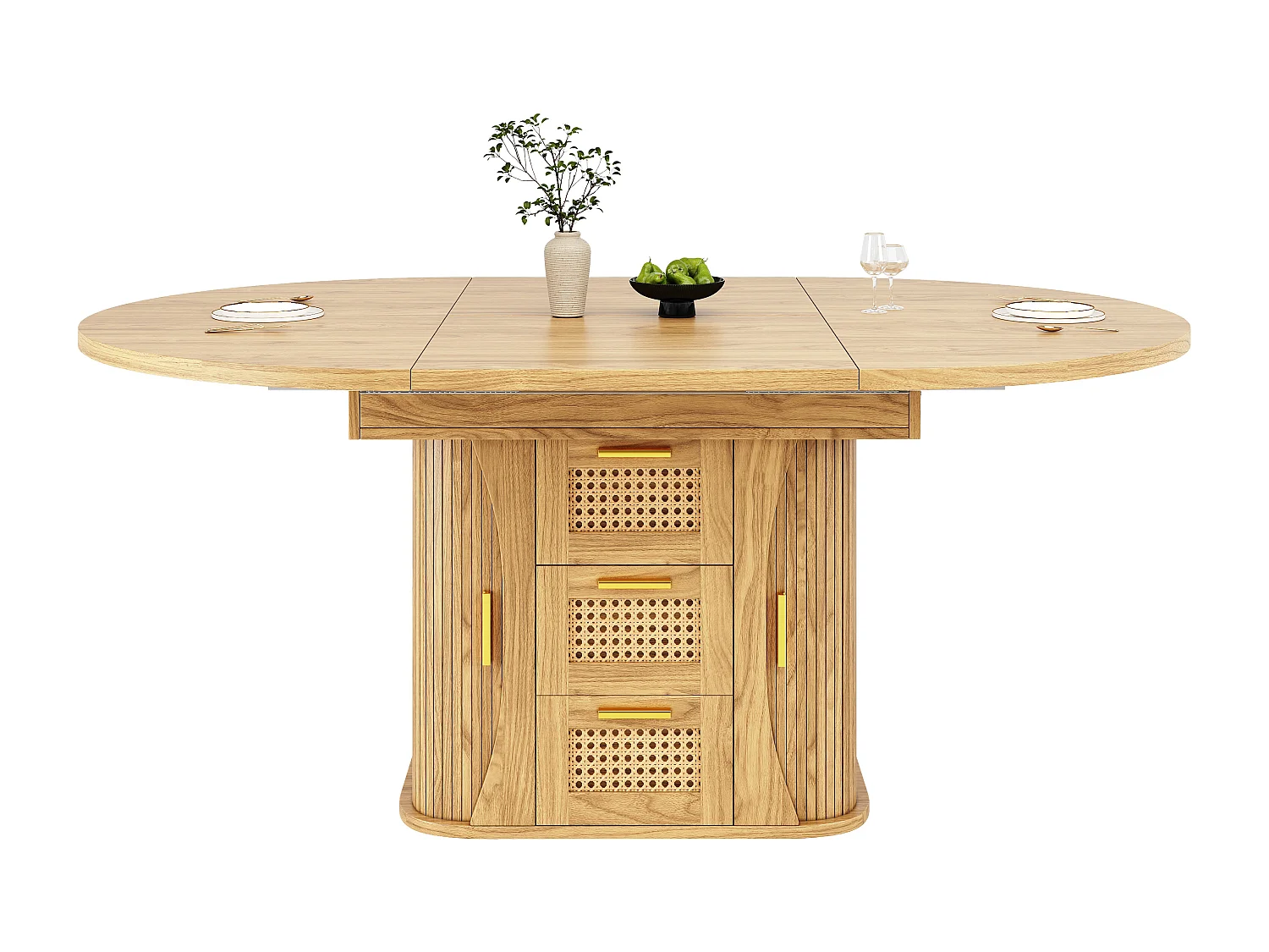 Table à manger extensible - 118/158 x 118 x 77.1 cm - avec portes + tiroirs en rotin - MDF - naturel