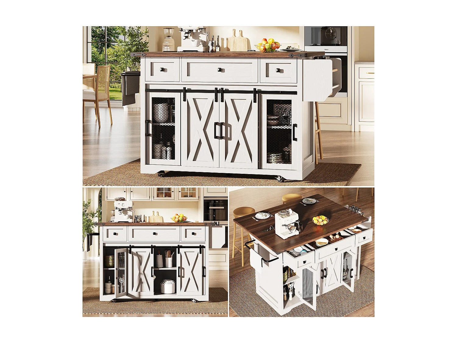 Îlot central mobile - 120.2 x 45.3/75 x 91.5 cm - avec plan de travail extensible + prise - MDF - blanc