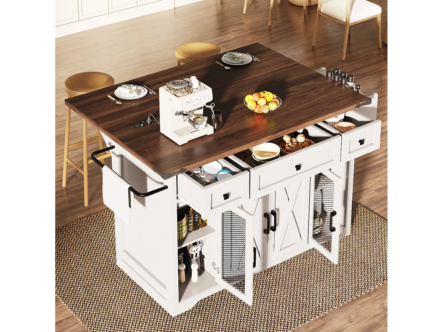 Îlot central mobile - 120.2 x 45.3/75 x 91.5 cm - avec plan de travail extensible + prise - MDF - blanc
