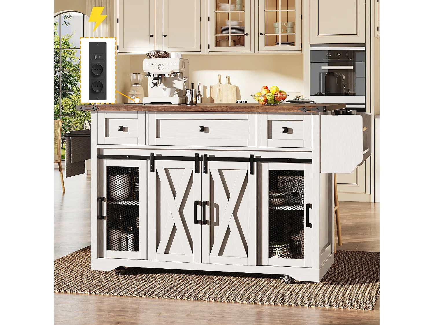 Îlot central mobile - 120.2 x 45.3/75 x 91.5 cm - avec plan de travail extensible + prise - MDF - blanc